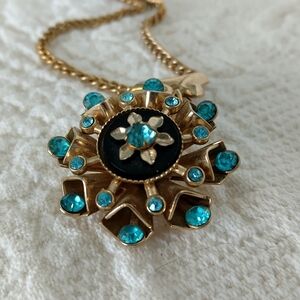 Artisan Gold Aqua Blue Starburst Rhinestone Pendant Necklace Vintage Victorian
